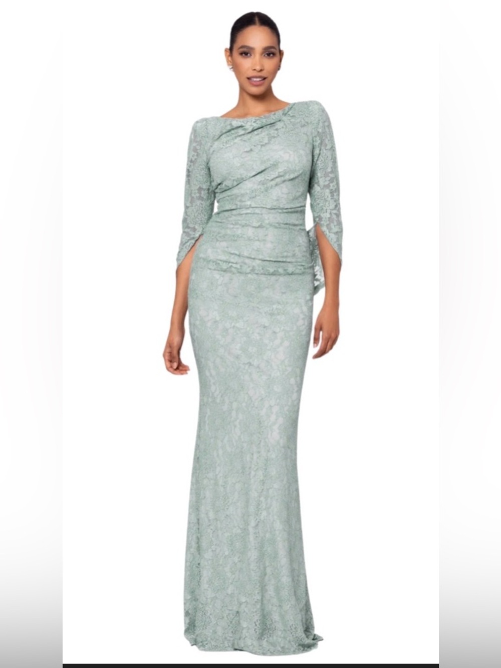 Betsy & Adam Light Sage Lace Long Sleeve Evening Gown Sz 14